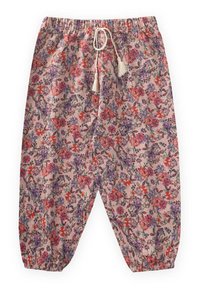 Blumige, leichte Hosen in Pink mit elastischen Bündchen und Bund. Sie verfügen über ein buntes Design mit roten, lila und grünen Blumen.