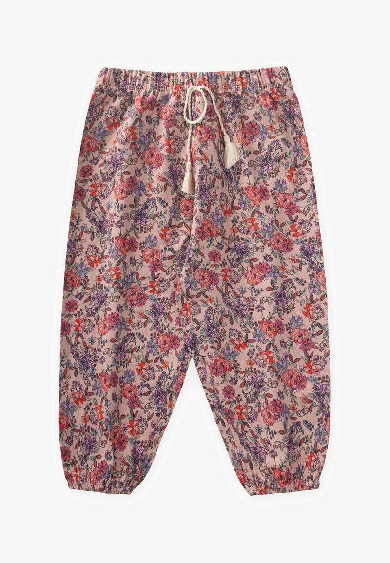 Ziedu raksta vieglie rozā bikses ar elastīgām aprocēm un jostu. Satur krāsainu dizainu ar sarkanām, purpura un zaļām ziedu motīviem.