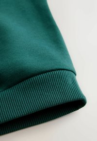 Zaļš mikim veste audums ar ribotu piedurkni, izceļoties ar gludu tekstūru un vienmērīgu šūšanu. Piedurkne ir nedaudz sarullēta pie malas.