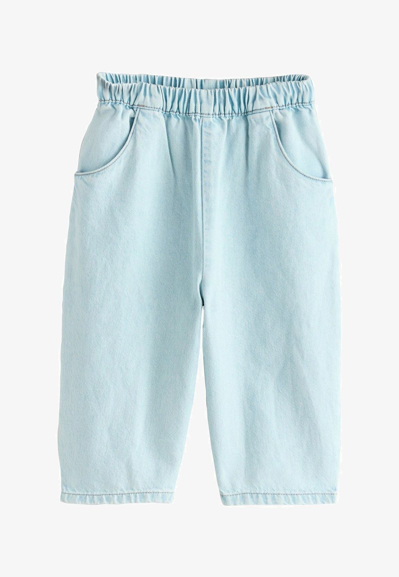 Pantaloni scurți din denim albastru deschis, cu talie elastică, două buzunare frontale, croială lejeră și un finisaj moale, texturat.