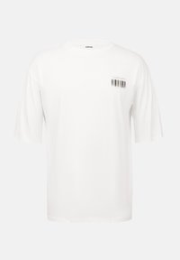 Weißes Kurzarm-T-Shirt aus Baumwolle, mit einem Barcode-Graphic und "YOURTURN"-Text im Druck auf der linken Vorderseite.