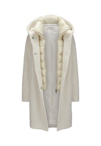 Langer weißer Wollmantel mit Druckknöpfen, ausgestattet mit einer gepolsterten cremefarbenen gesteppte Innenschicht mit Reißverschluss und Kapuze.