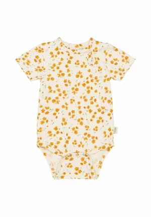 Rövid ujjú rugdalózó krémszínű anyagból, virágmintával, narancs- és sárga virágokkal, valamint zöld levelekkel. Patentos záródás az alján.