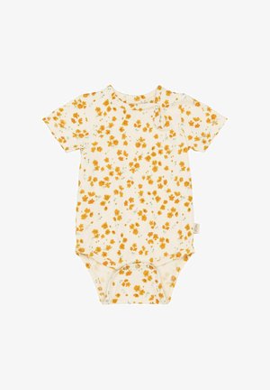 Korte mouw romper van crèmekleurige stof met een bloemenpatroon dat oranje en gele bloemen en groene bladeren bevat. Drukknoopsluiting aan de onderkant.