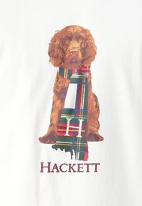 Grafika hnědého psa s kostkovaným šátkem, umístěná na bílém pozadí. Pod psem je slovo "HACKETT" v bordó písmu.