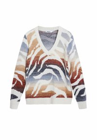 Pulover cu decolteu în V, având un model abstract multicolor în nuanțe de crem, albastru, rugină și gri, realizat dintr-un material tricotat cu manșete striate.