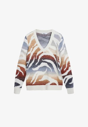 Sweter w serek z wielokolorowym, abstrakcyjnym wzorem w odcieniach kremowym, niebieskim, rdzawego i szarego, wykonany z dzianiny z prążkowanymi mankietami.