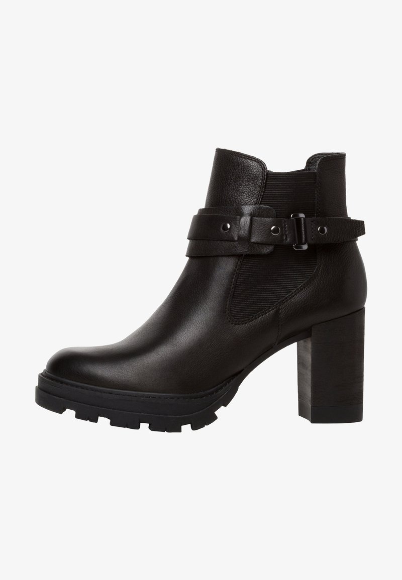 Black leather ankle boot with a high block heel, featuring elastic sides, a strap with a buckle detail, and a textured rubber sole.