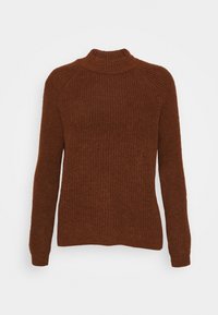 Brun ribbad stickad tröja med hög krage och långa ärmar, med en texturerad tygkvalitet och en avslappnad passform. Inga synliga detaljer eller mönster.