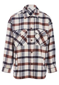 Plaid flannel shirt in beige, brown, and navy. Features two chest pockets, a button front, and long sleeves with cuff detailing.