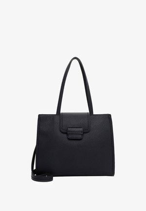 Black leather handbag with a textured finish, rectangular shape, dual handles, and a flap closure featuring a small rectangular accent.