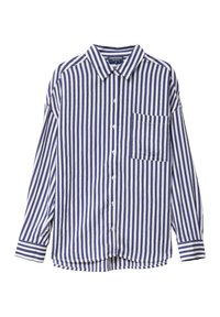 Camicia a righe con bottoni caratterizzata da righe verticali blu e bianche, colletto classico, tasca sul petto e maniche lunghe con polsini abbottonati.