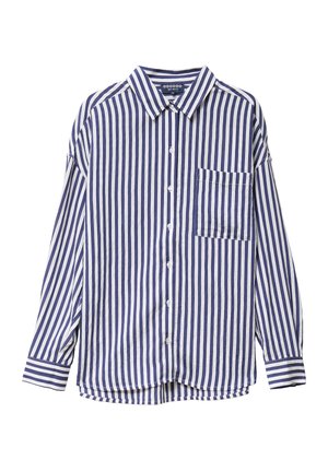 Camicia a righe con bottoni caratterizzata da righe verticali blu e bianche, colletto classico, tasca sul petto e maniche lunghe con polsini abbottonati.
