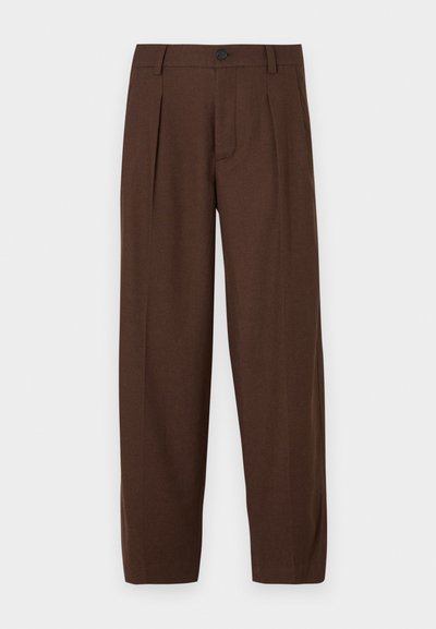 Brown pleated trousers with a straight leg design, featuring a front button closure and textured fabric, suitable for formal settings.