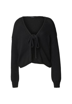 Cardigan court noir en maille, manches longues, col en V et fermeture nouée à l'avant, avec un motif en grosse maille texturée.