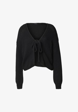 Cardigan court noir en maille, manches longues, col en V et fermeture nouée à l'avant, avec un motif en grosse maille texturée.
