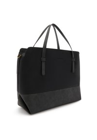 Sac fourre-tout noir avec une finition texturée, présentant des poignées en cuir lisse et un fond mat contrastant. Design minimaliste avec logo estampé.