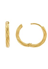 Goldene Ohrringe mit einem gedrehten Design; ein Paar hat eine glatte Oberfläche, während das andere strukturierte Akzente und einen Verschluss hat.