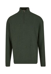 Dunkelgrüner, langärmeliger Strickpullover mit einem gerippten Stehkragen und einem halben Reißverschluss in der Mitte vorne.