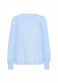 Vaaleansininen pitkähihaisen puseron tekstuurikankaasta, jossa on puffihihat ja smokkaukset hihansuissa. Takana on niskassa avautuva keyhole-aukko.