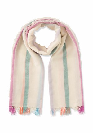 Zachte beige sjaal met verticale pastelkleurige strepen in groen, roze, blauw en oranje, met franjes aan de randen in bijpassende kleuren.