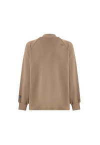 Sweatshirt marron avec des manches raglan longues, un col rond et des poignets côtelés. Présente un petit logo près du cou à l'arrière.