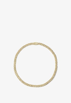 Kultaketju, jossa on kudottuja lenkkejä ja koristeellinen lukko, johon on lisätty pieniä kirkkaita kiviä yksityiskohtia varten.