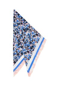 Foulard floral en bleu, rose et noir, en forme triangulaire avec des bords à franges. Présente un motif et une bordure de couleur unie.