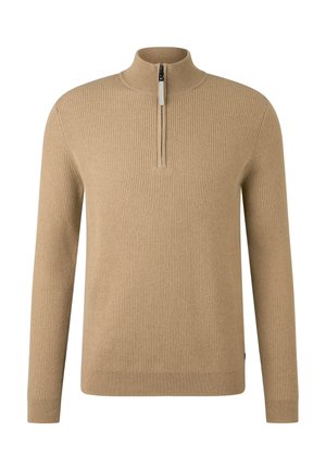 Beige ribbet pullover trøje med høj krave og kvart lynlås. Lavet af blødt materiale, har den lange ærmer og en tætsiddende form.