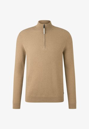 Beige ribbed pullover sweater with a high collar and quarter zip. Made of soft material, it features long sleeves and a fitted shape.