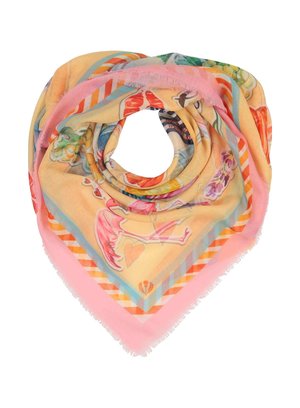 Écharpe en soie multicolore en forme triangulaire, avec une bordure rose, des motifs floraux et des flamants roses ludiques, et des bords à franges.