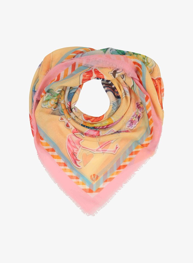 Flerfärgad silkesscarf i triangulär form med en rosa kant, blommiga och lekfulla flamingo-mönster, samt fransade kanter.