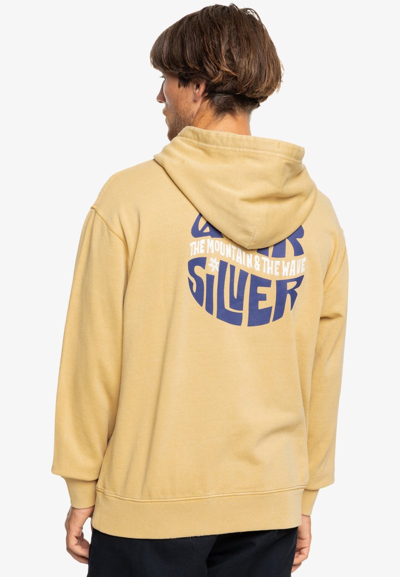 Yellow hooded sweatshirt with a relaxed fit, featuring a large blue graphic text on the back. Soft fabric with ribbed cuffs and hem.