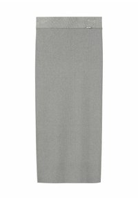 Szara, żeberkowa spódnica o kroju ołówkowym z szerokim pasem, charakteryzująca się gładką teksturą i prostym fasonem. Zawiera mały detal z logo w pobliżu pasa.