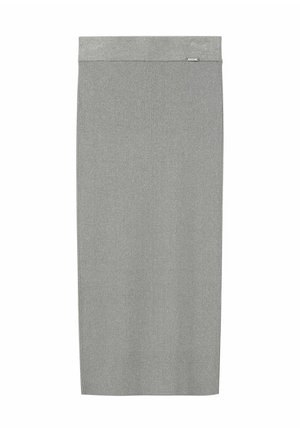 Szara, żeberkowa spódnica o kroju ołówkowym z szerokim pasem, charakteryzująca się gładką teksturą i prostym fasonem. Zawiera mały detal z logo w pobliżu pasa.