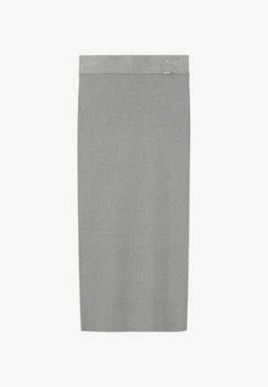 Szara, żeberkowa spódnica o kroju ołówkowym z szerokim pasem, charakteryzująca się gładką teksturą i prostym fasonem. Zawiera mały detal z logo w pobliżu pasa.