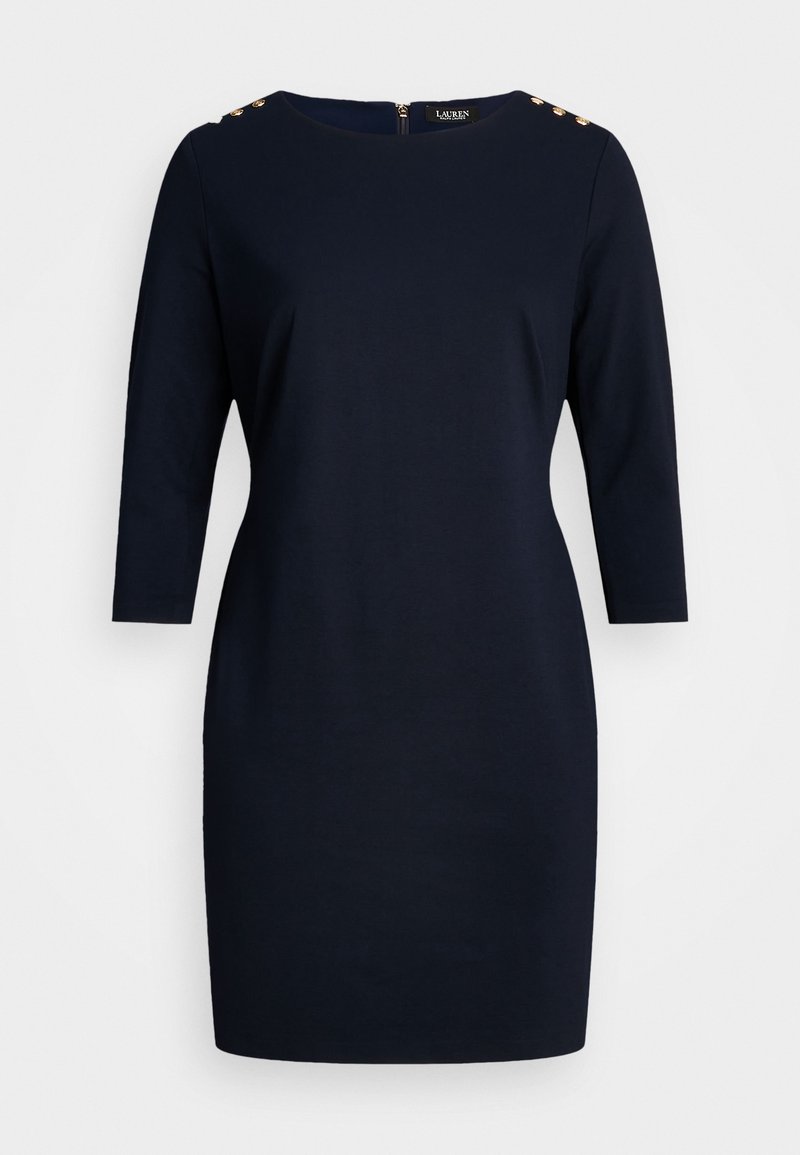 Vestido azul marino en un material suave, con escote redondo, mangas tres cuartos y acentos de botones dorados en el hombro.