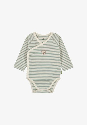 Dětské body s dlouhým rukávem s modrými a bílými pruhy, zapínáním na patentky ve stylu zavinování a malým vyšitým medvídkovým obličejem na hrudi.