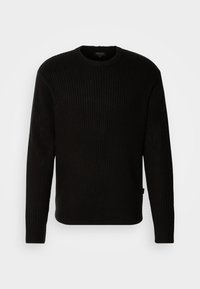 Pulover negru cu nervuri, cu decolteu rotund și mâneci lungi. Fabricat dintr-un material texturat. Prezintă o etichetă mică a brandului la tiv.