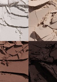 Textured, cracked materials in four squares: top left white, top right beige, bottom left light brown, bottom right dark brown.