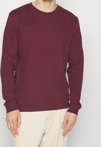 Bluza bordowa z mieszanki bawełny z okrągłym dekoltem, ściągaczami na rękawach i u dołu. Szary detal z logo z boku. Gładka faktura, regularny krój.