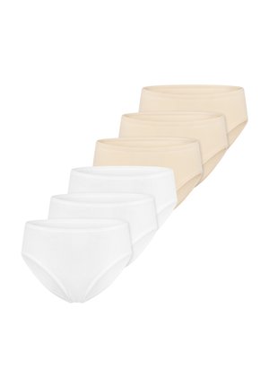 Drei beige und drei weiße Damen-Slips mit hohem Bund, angeordnet in zwei sich überlappenden Reihen auf weißem Hintergrund.