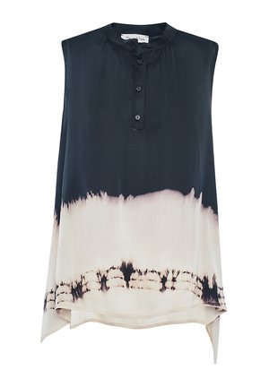Blouse sans manches avec un col montant, fermeture à boutons, haut marine foncé et un motif dégradé tie-dye qui passe au crème. Tissu doux.