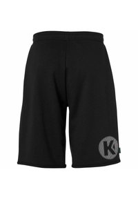 Zwarte sportieve shorts van zacht materiaal, met een mesh logo ontwerp op het linkerbeen en een elastische tailleband voor comfort.