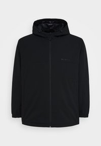 Black hooded jacket featuring a zip closure, elastic cuffs, and a matte finish. Lightweight, with a minimalistic design and no visible patterns.