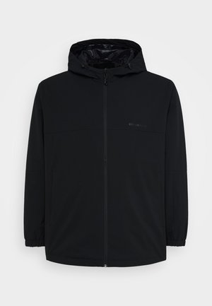 Black hooded jacket featuring a zip closure, elastic cuffs, and a matte finish. Lightweight, with a minimalistic design and no visible patterns.