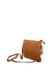 Tan suede crossbody bag with zip closure, adjustable strap, and silver-toned hardware. Smooth texture and rectangular shape.