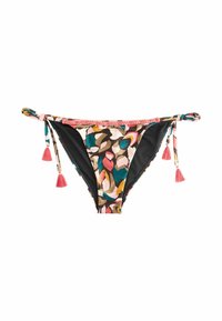 Bikini apakšdaļas ar daudzkrāsainu lapu rakstu, melnu paneļu apdari, sānu saitēm un rozā pušķu akcentiem. Vidukļa malā ir pītu ausma.