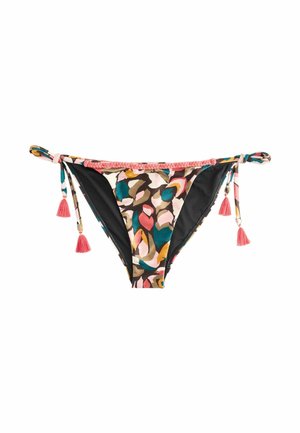 Bikini-Höschen mit einem mehrfarbigen Blättermuster, schwarzen Einsätzen, seitlichen Bindebändern und rosa Quastenakzenten. Verfügt über eine geflochtene Borte entlang der Taille.