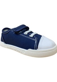 Zapatillas de lona navy con puntera de goma blanca y suela texturizada. Presenta cordones grises y una correa de Velcro para un fácil ajuste.